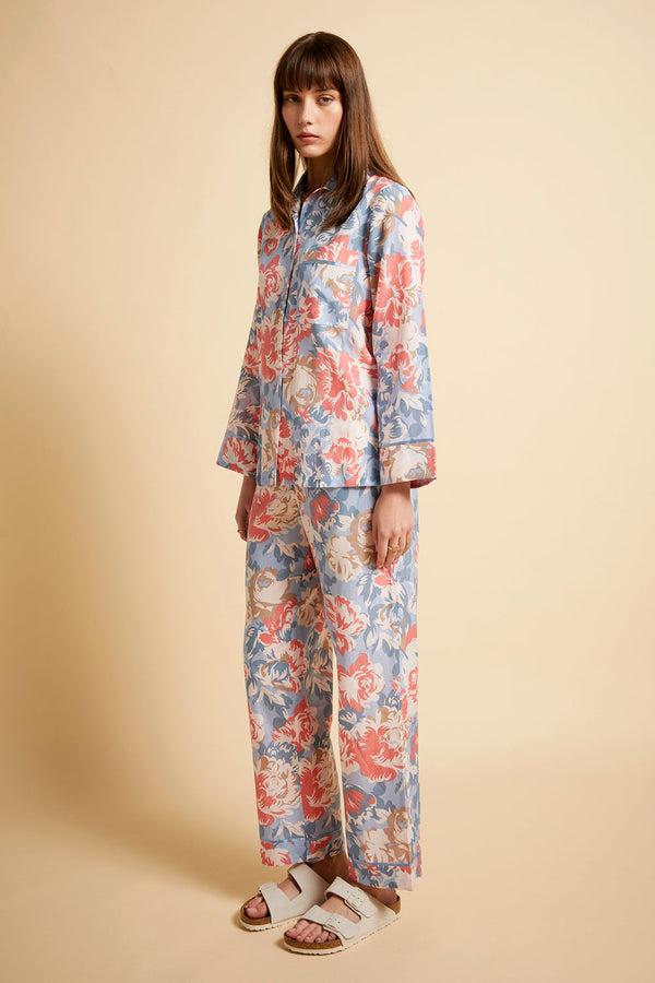 Karen Walker Ornamental Floral Full Length PJ Set Cerulean Blue