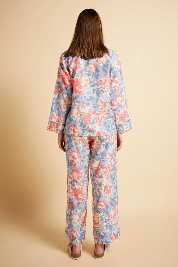 Karen Walker Ornamental Floral Full Length PJ Set Cerulean Blue