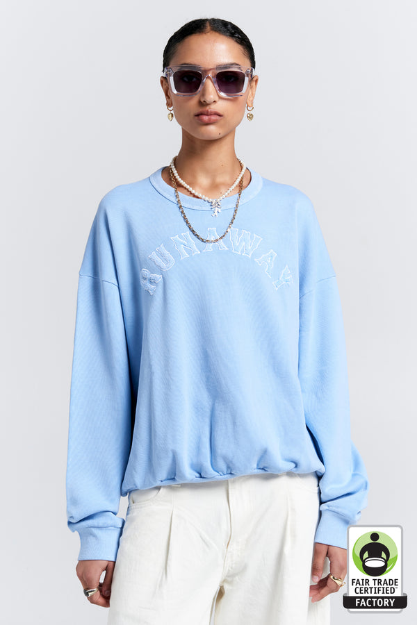 karen walker Runaway College Organic Cotton Crewneck Sweatshirt Blue