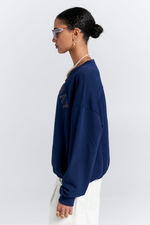 Karen Walker Runaway College Organic Cotton Crewneck Sweatshirt Navy