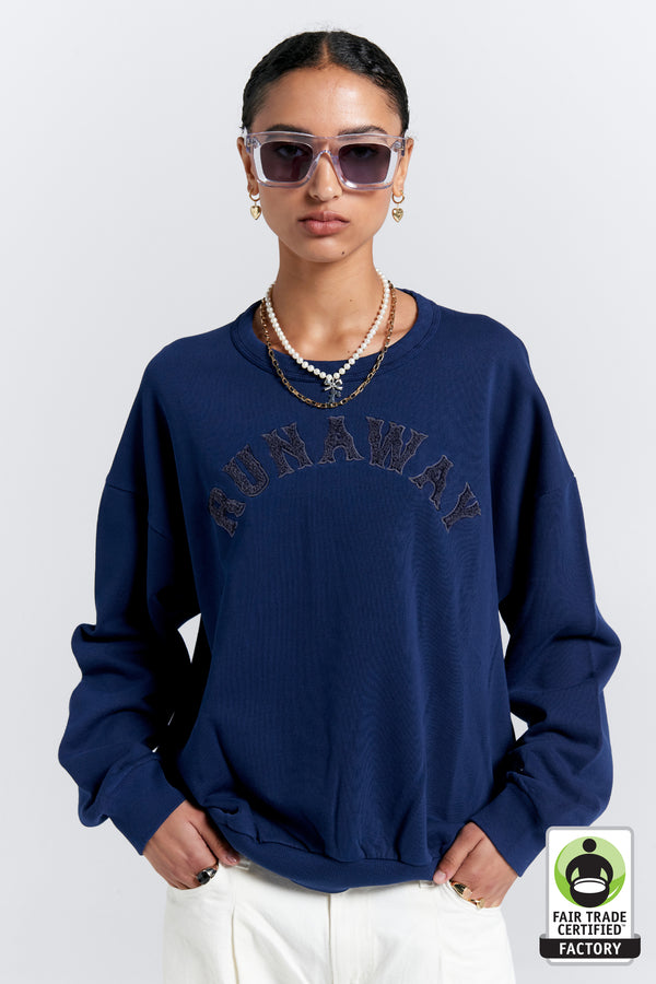 karen walker Runaway College Organic Cotton Crewneck Sweatshirt Navy