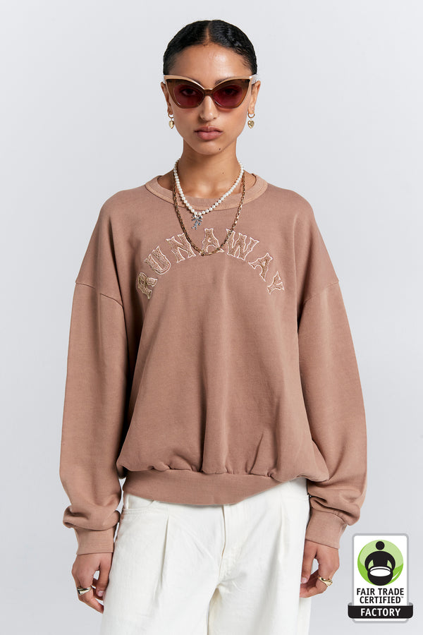 karen walker Runaway College Organic Cotton Crewneck Sweatshirt Taupe
