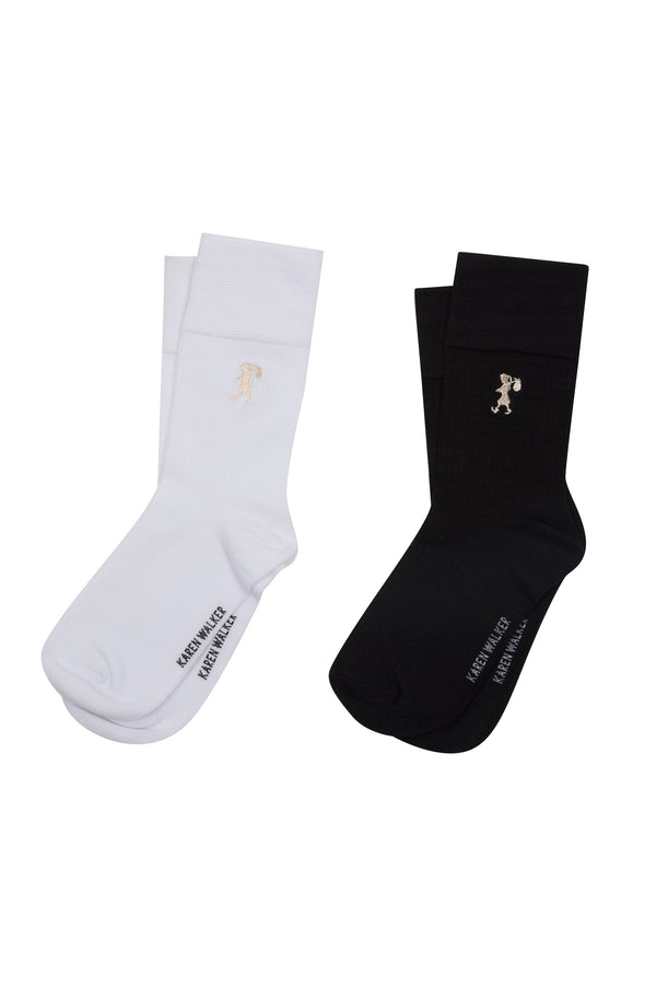 Karen Walker Runaway Embroidered Socks 2 Pack Black/White