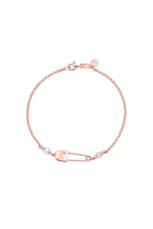 karen walker Runaway Safety Pin Bracelet with 2 x 4mm Freshwater Pearls Rose Gold
