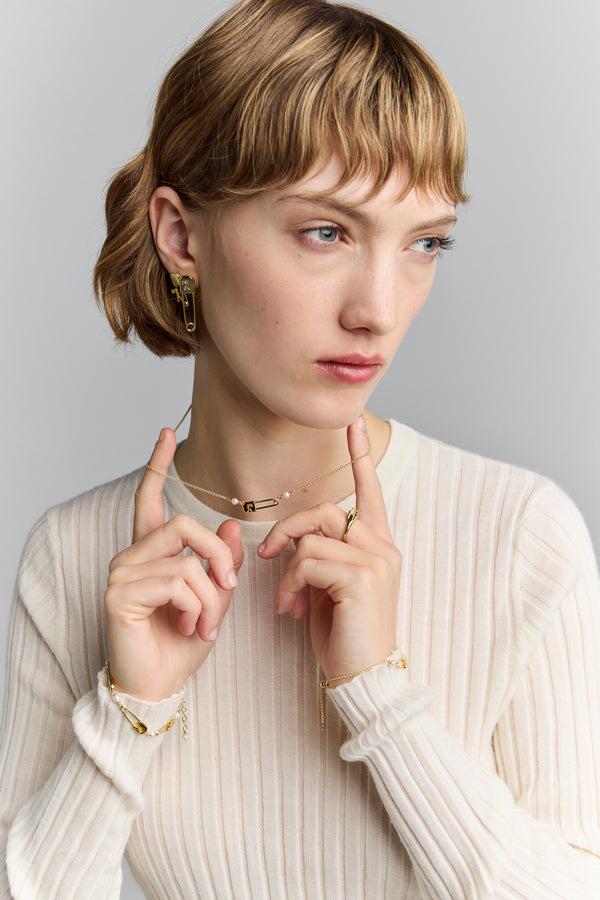 Karen Walker Runaway Safety Pin Necklace With 2 X 4mm Freshwater Pearls Silver