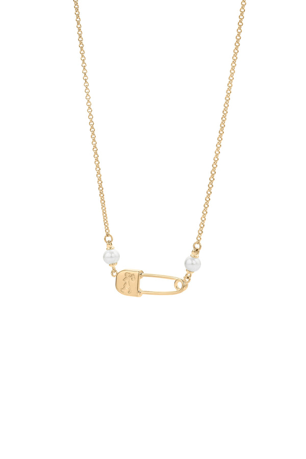 karen walker Runaway Safety Pin Necklace with 2 x 4mm Freshwater Pearls Gold-Plated