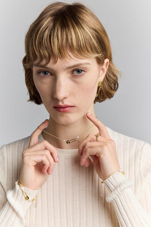 Karen Walker Runaway Safety Pin Necklace With 2 X 4mm Freshwater Pearls Gold