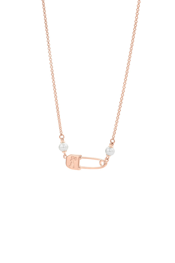 karen walker Runaway Safety Pin Necklace with 2 x 4mm Freshwater Pearls Rose Gold
