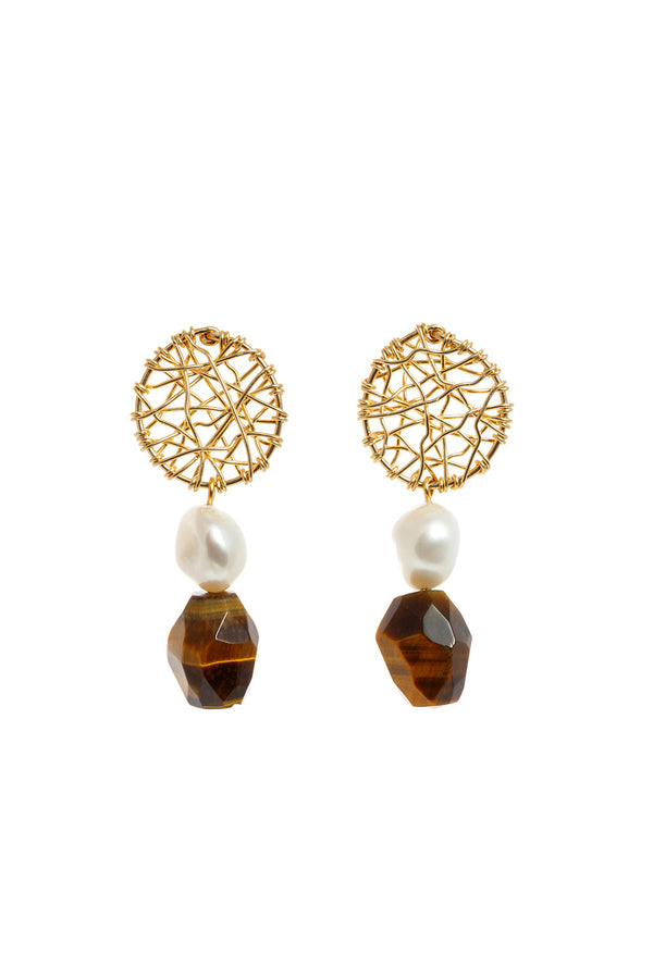 karen walker Stud Daydreamer Pearl and Tiger's Eye Earrings