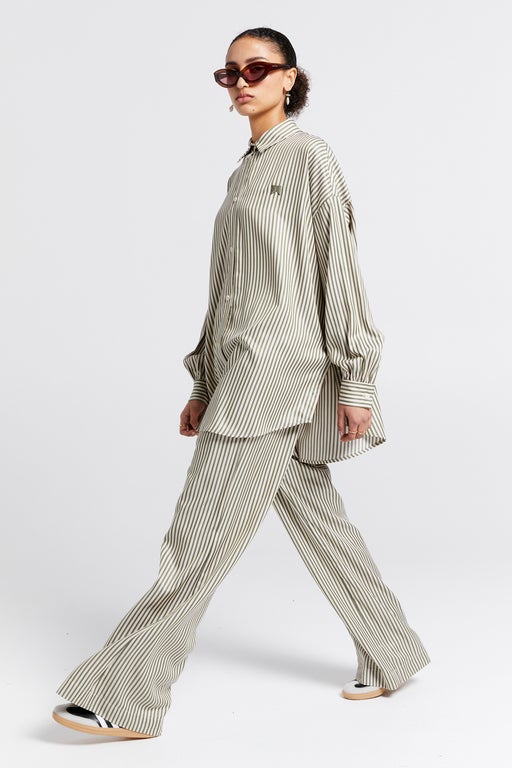 Karen Walker Tied Palazzo Lounge Pants Olive Stripe