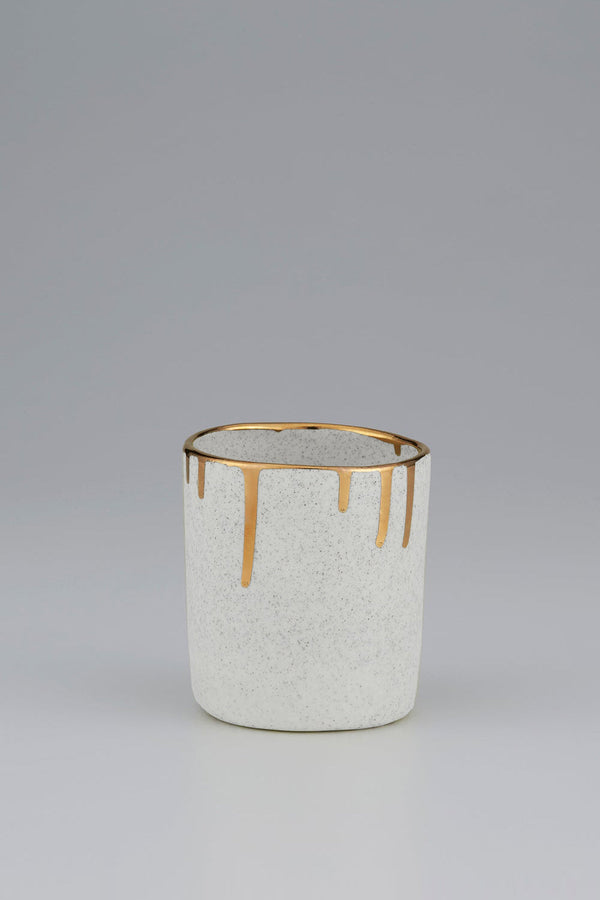 karen walker Tumbler with Gold Drip Rim Speckled White