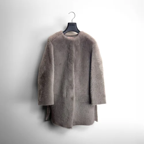 Karl Donoghue Cashmere Touch & Feather Shearling Collarless Coat