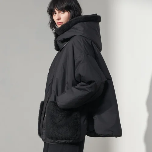 Karl Donoghue Cashmere Touch Shearling & Showerproof Cotton Reversible Hood