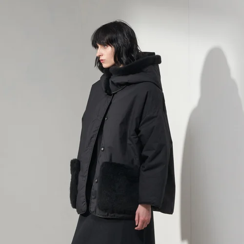 Karl Donoghue Cashmere Touch Shearling & Showerproof Cotton Reversible Hood