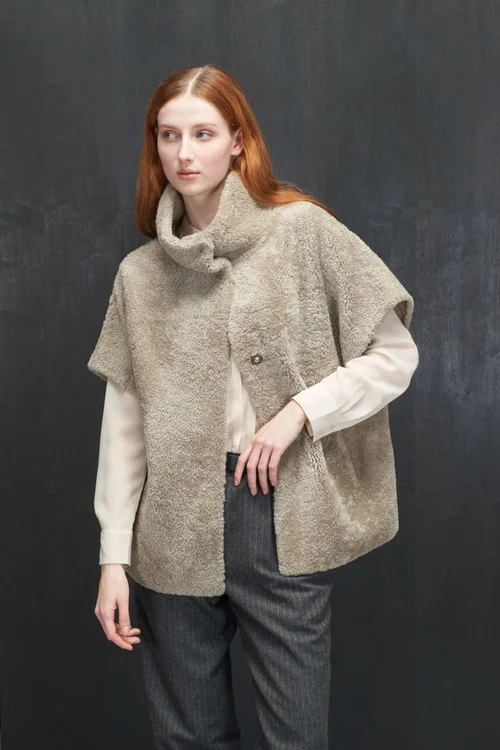 Karl Donoghue Chenille Shearling Funnel Neck Cape