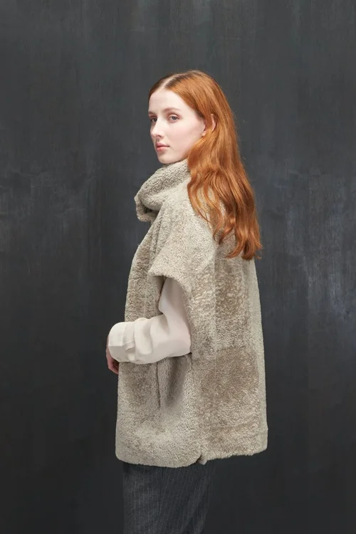 Karl Donoghue Chenille Shearling Funnel Neck Cape