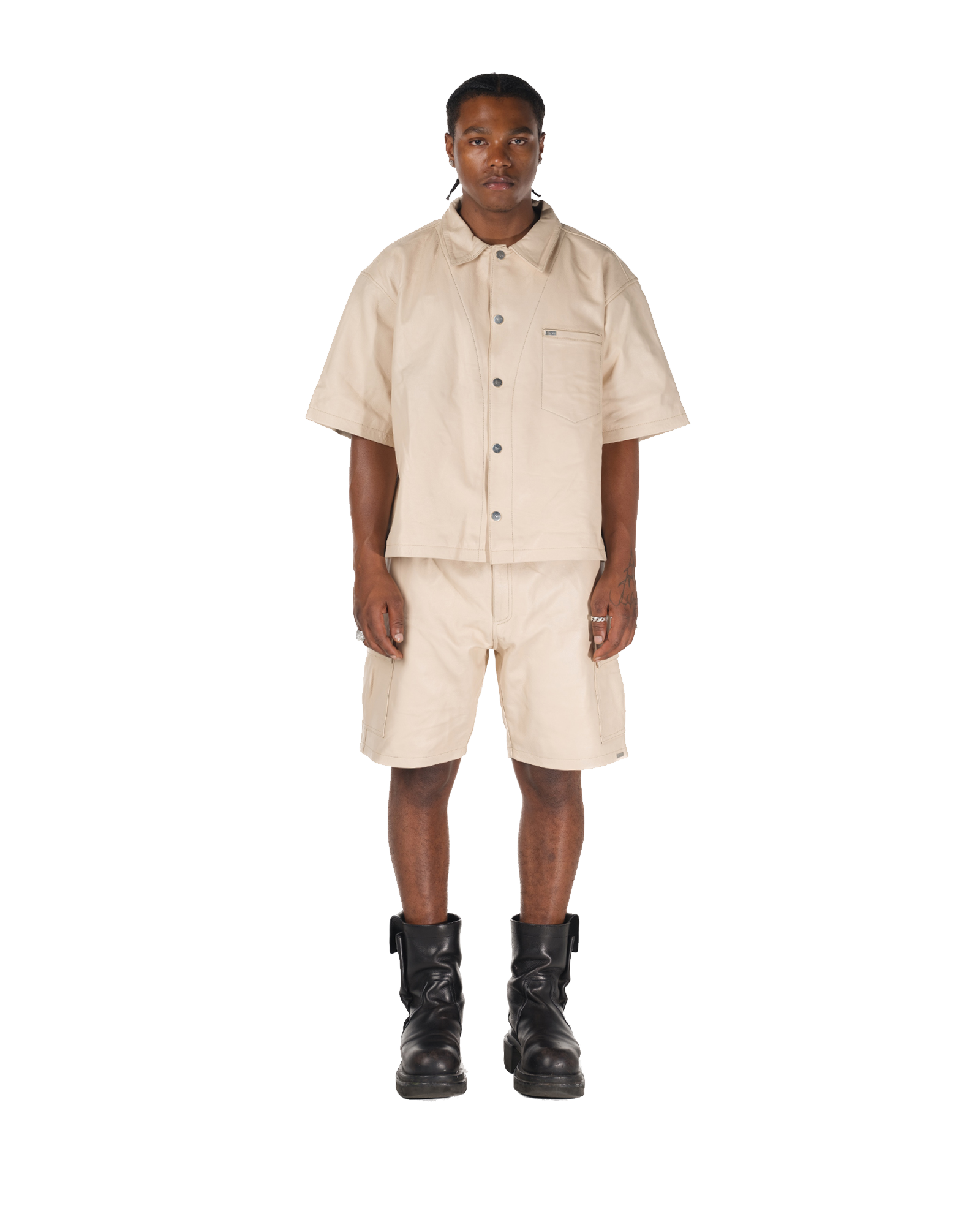 karl kani Mace Leather Cargo Shorts (Natural)
