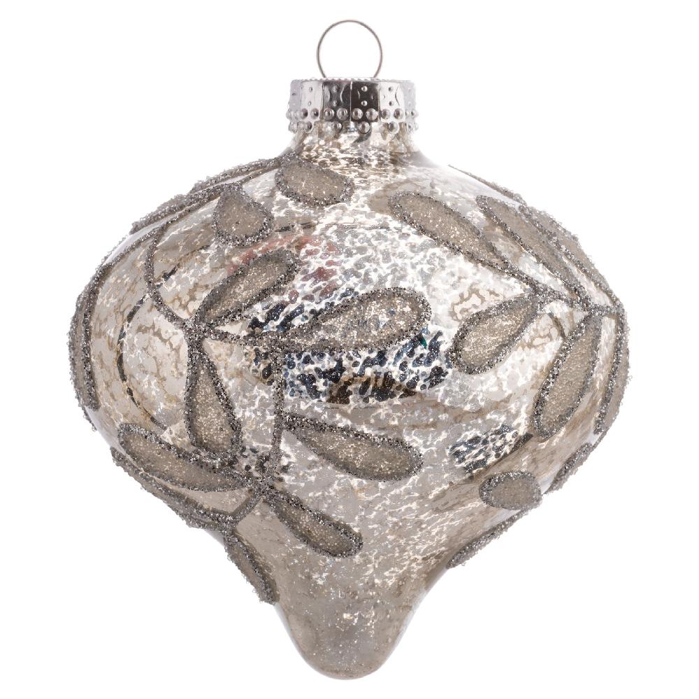 karma gifts 4.5" Silver Mercury Glitter Leaf Glass Ornaments