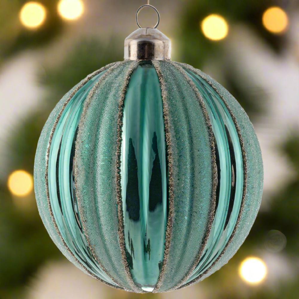 Karma Gifts Ball Matte Striped Fluted Teal Ornament