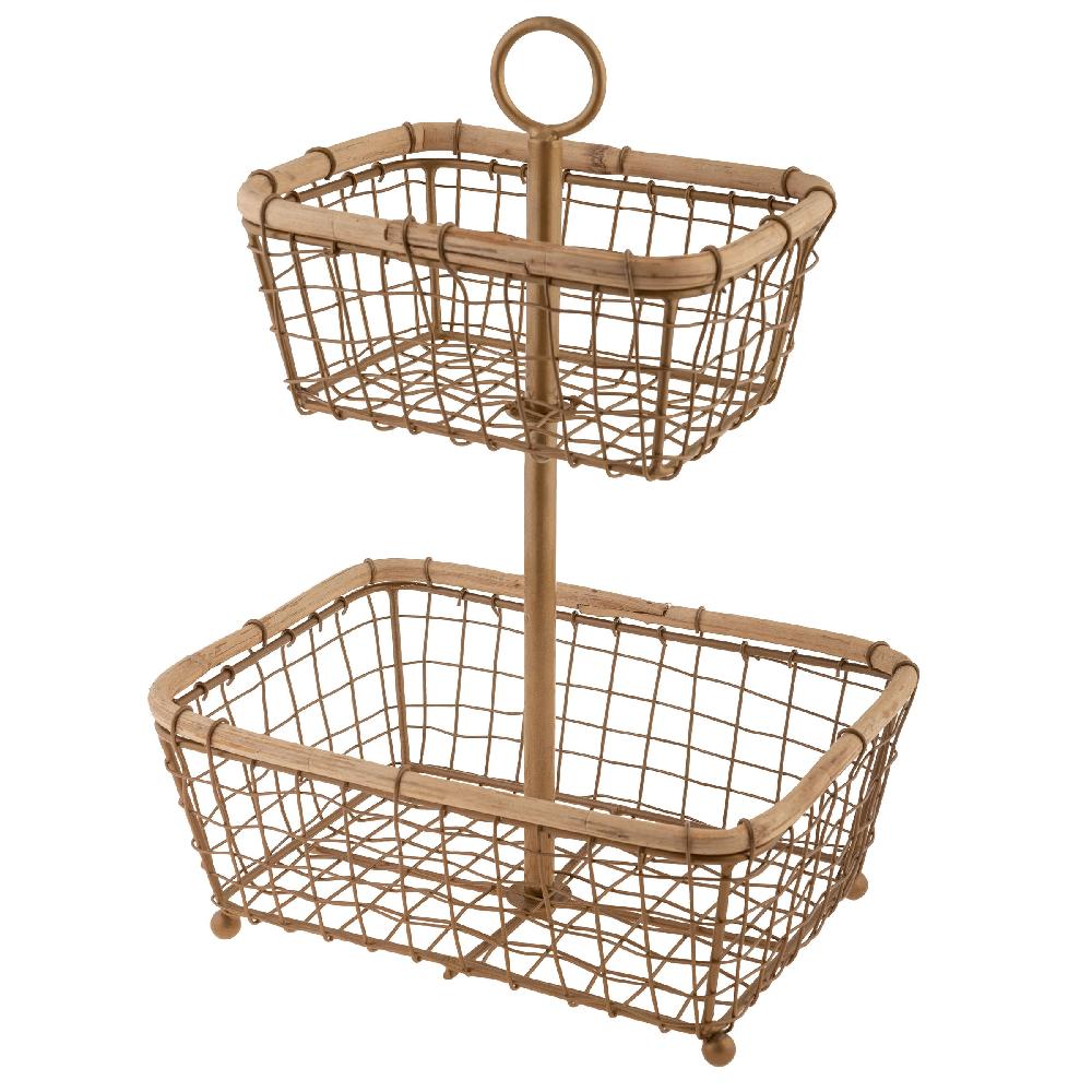 karma gifts Champagne Gold Square Metal & Cane 2-Tiered Stand