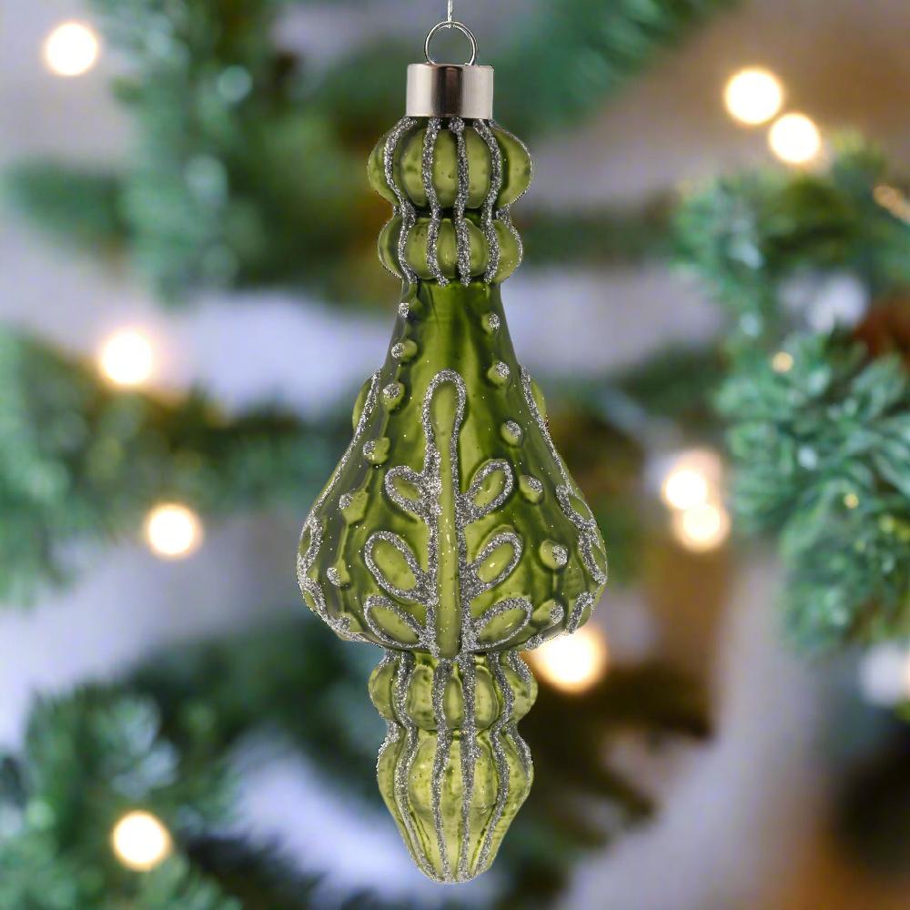 Karma Gifts Drop Silver Glitter Glass Finial Ornament Sage