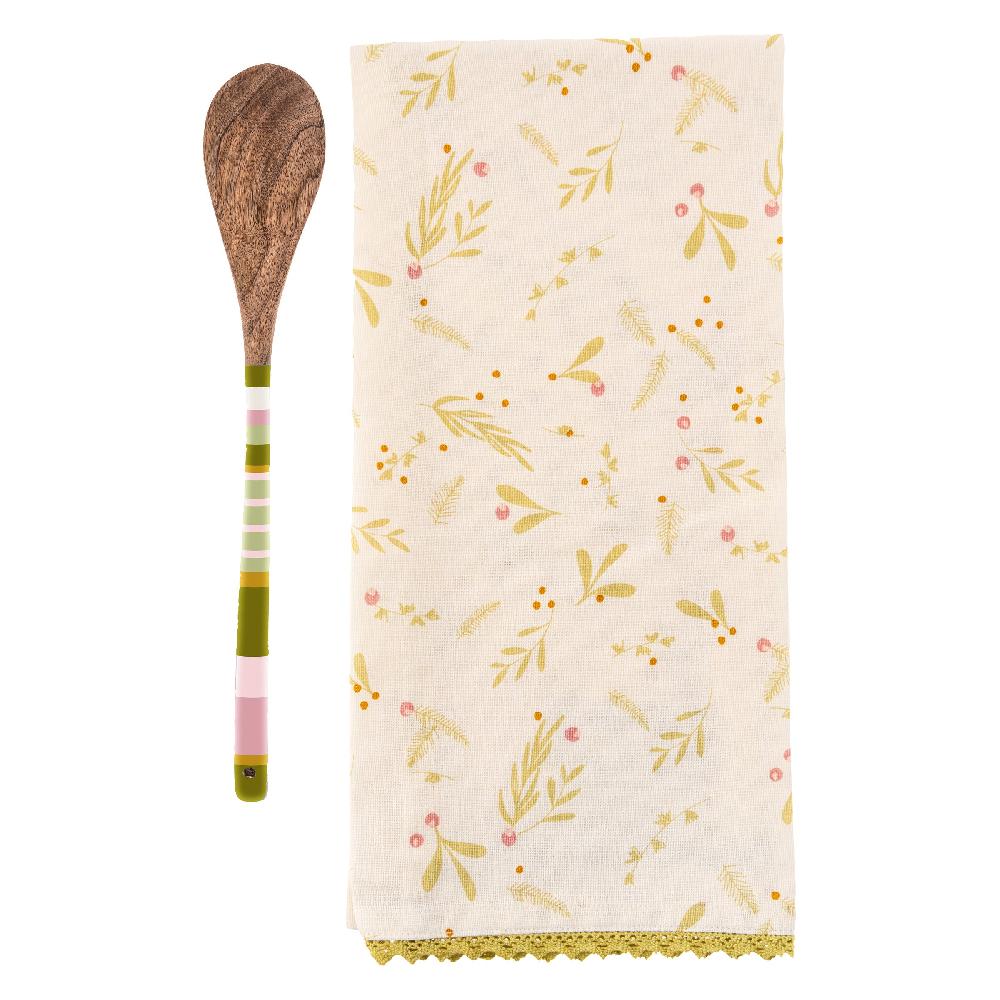 karma gifts Green Twig Holiday Tea Towel with Wooden Spoon