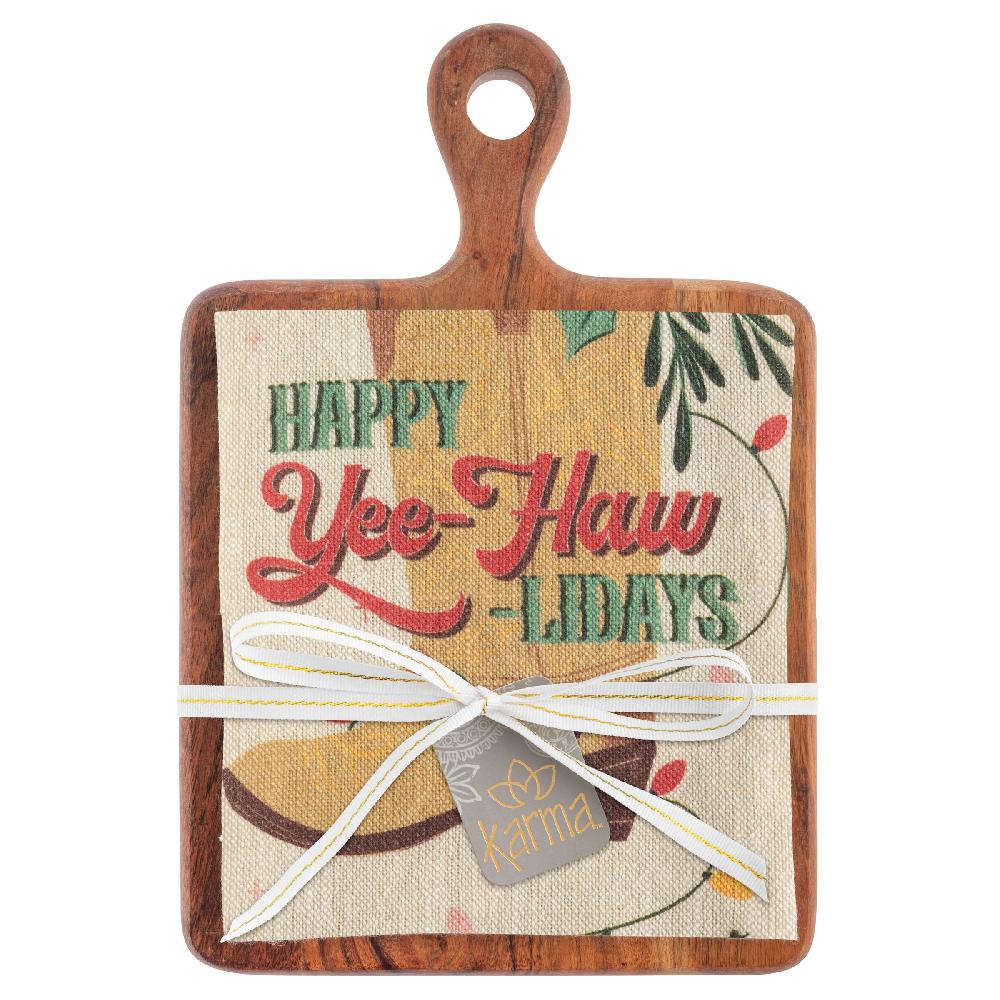 karma gifts Happy Yeehawlidays Holiday Tea Towel with Cutting Board