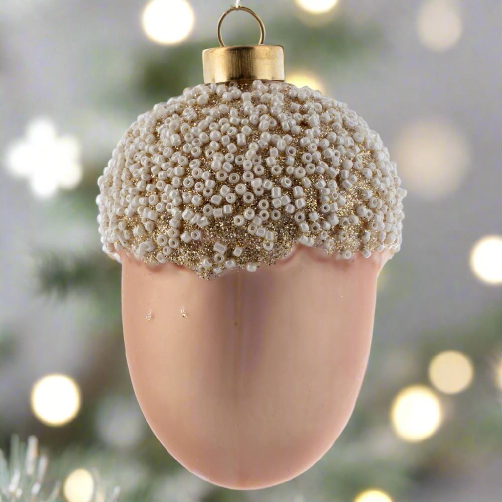 Karma Gifts Acorn Snow Beaded Glass Blush Ornament