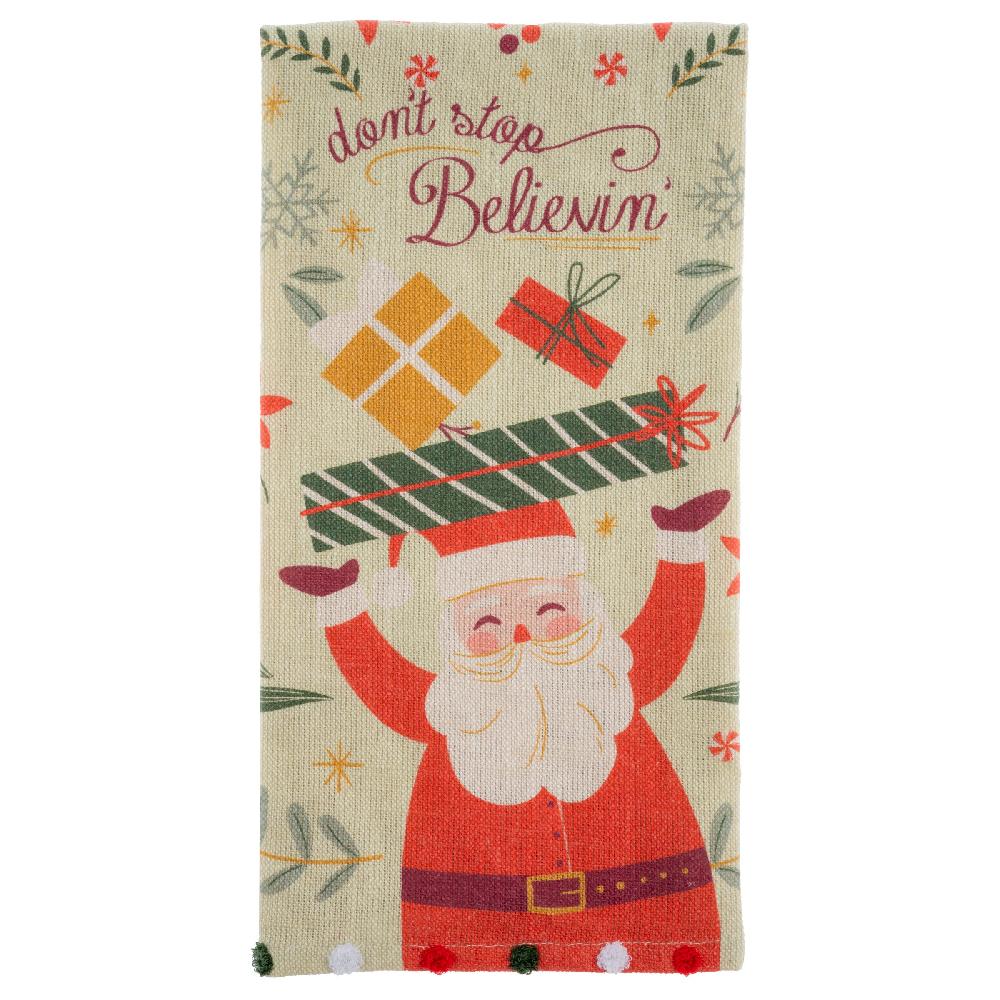 karma gifts Don't Stop Believin Holiday Tea Towel