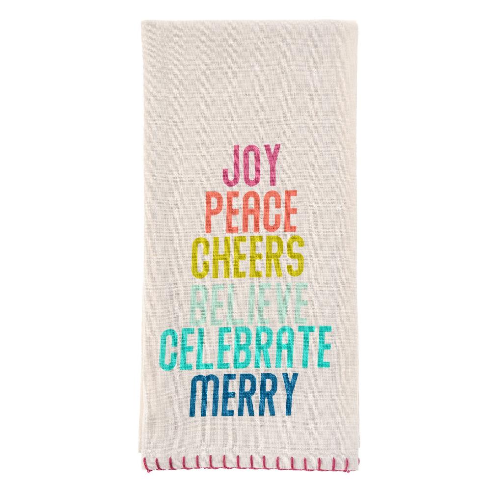 karma gifts Joy Peace Cheers Holiday Tea Towel