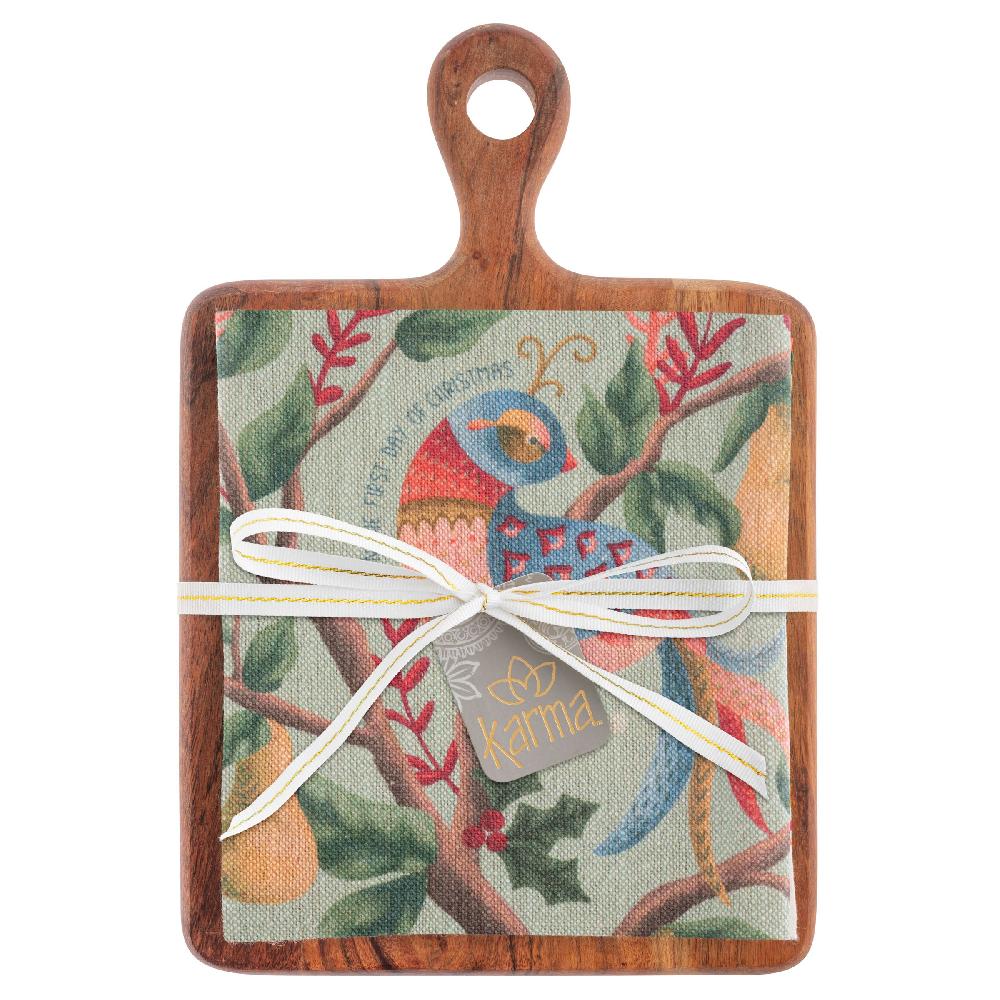 karma gifts Partridge Pear Tree Holiday Tea Towel with Cutting Board