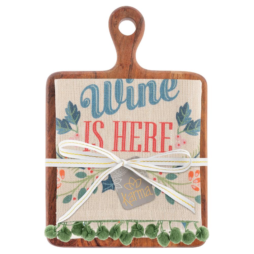 Karma Gifts Wine Is Here Holiday Tea Towel With Cutting Board