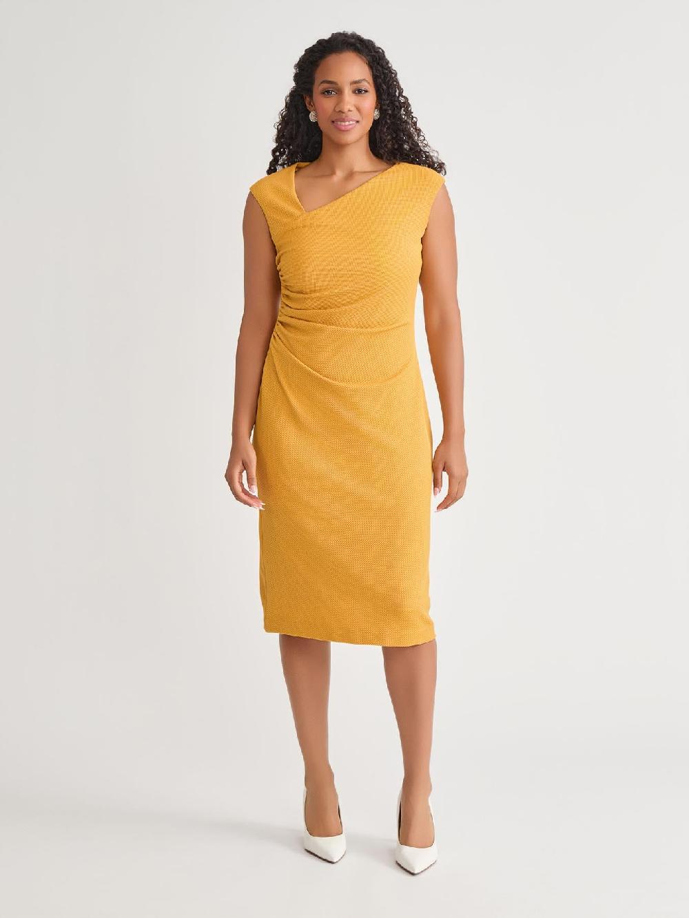kasper Asymmetrical Neck Ruched Midi Dress Gold Signature