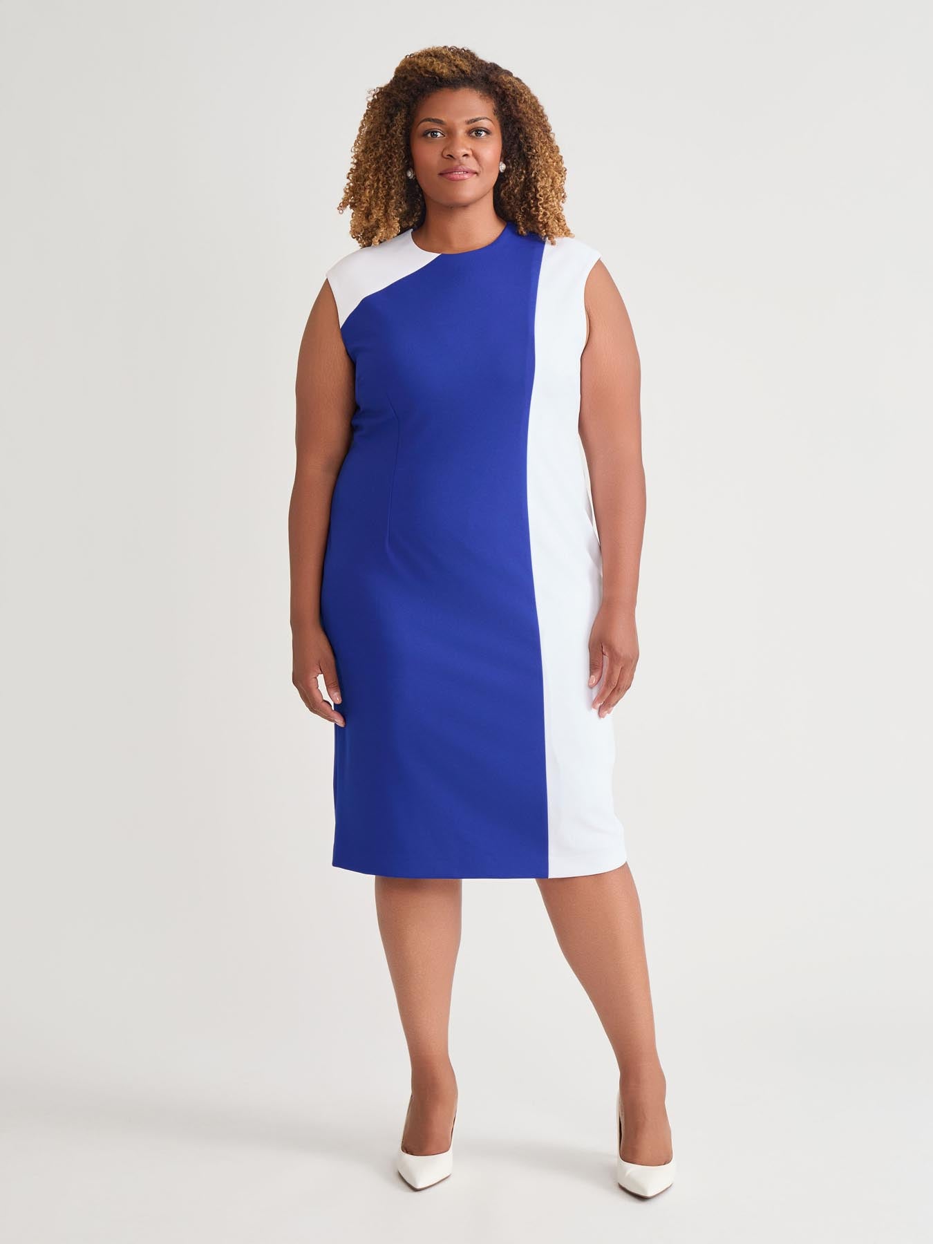 kasper Color Blocked Sheath Dress Royal Signature/White