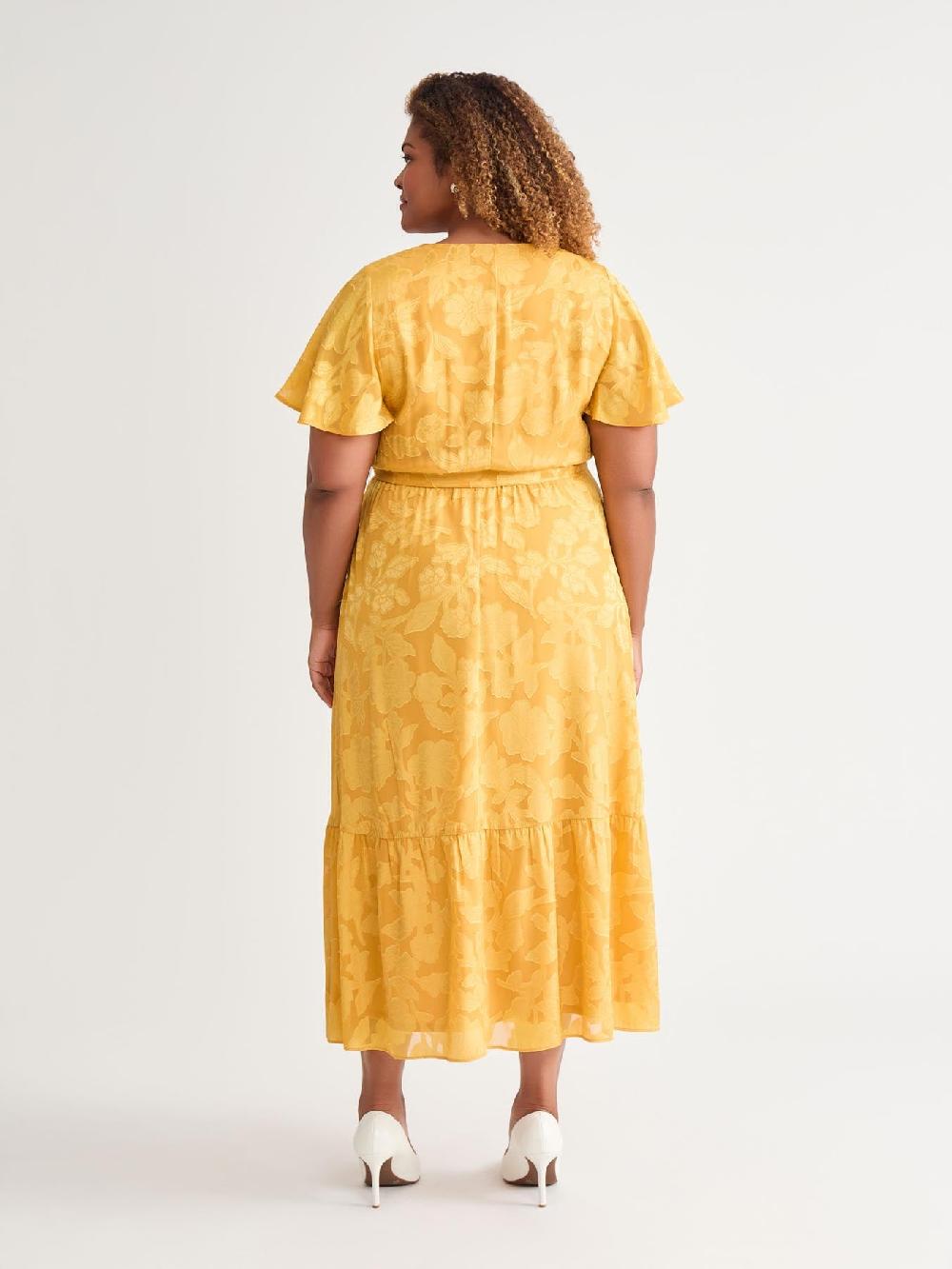 Kasper Flutter Sleeve Smocked Waist Dress Gold Signature