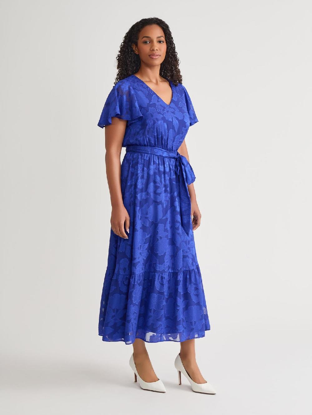 Kasper Flutter Sleeve Smocked Waist Dress Royal Signature