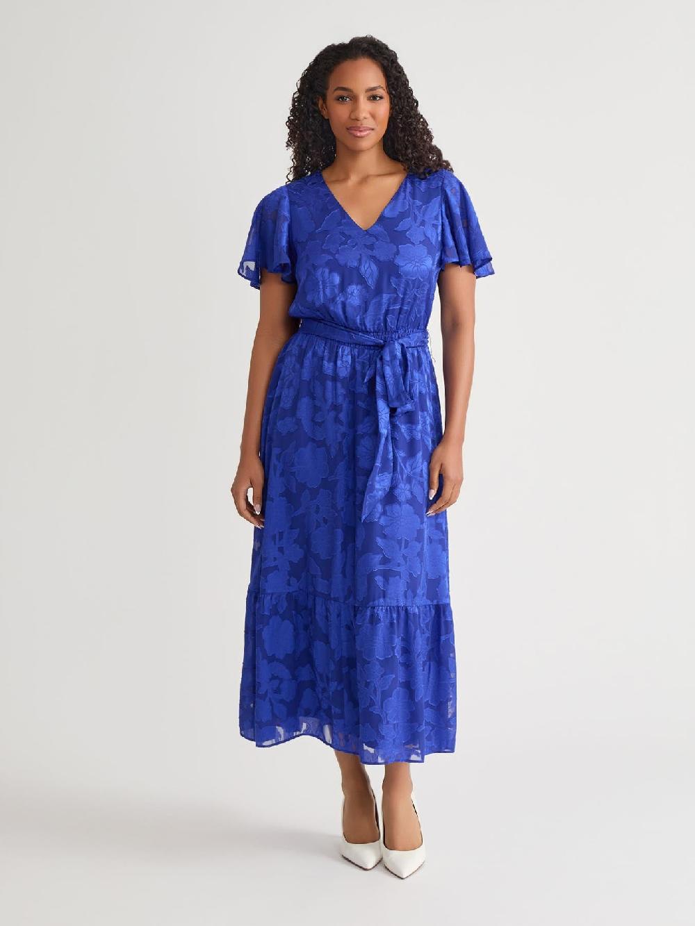 kasper Flutter Sleeve Smocked Waist Dress Royal Signature