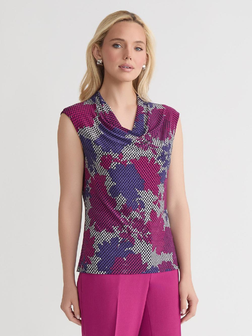 Kasper Houndstooth Floral Cowl Neck Top Everyday Knit