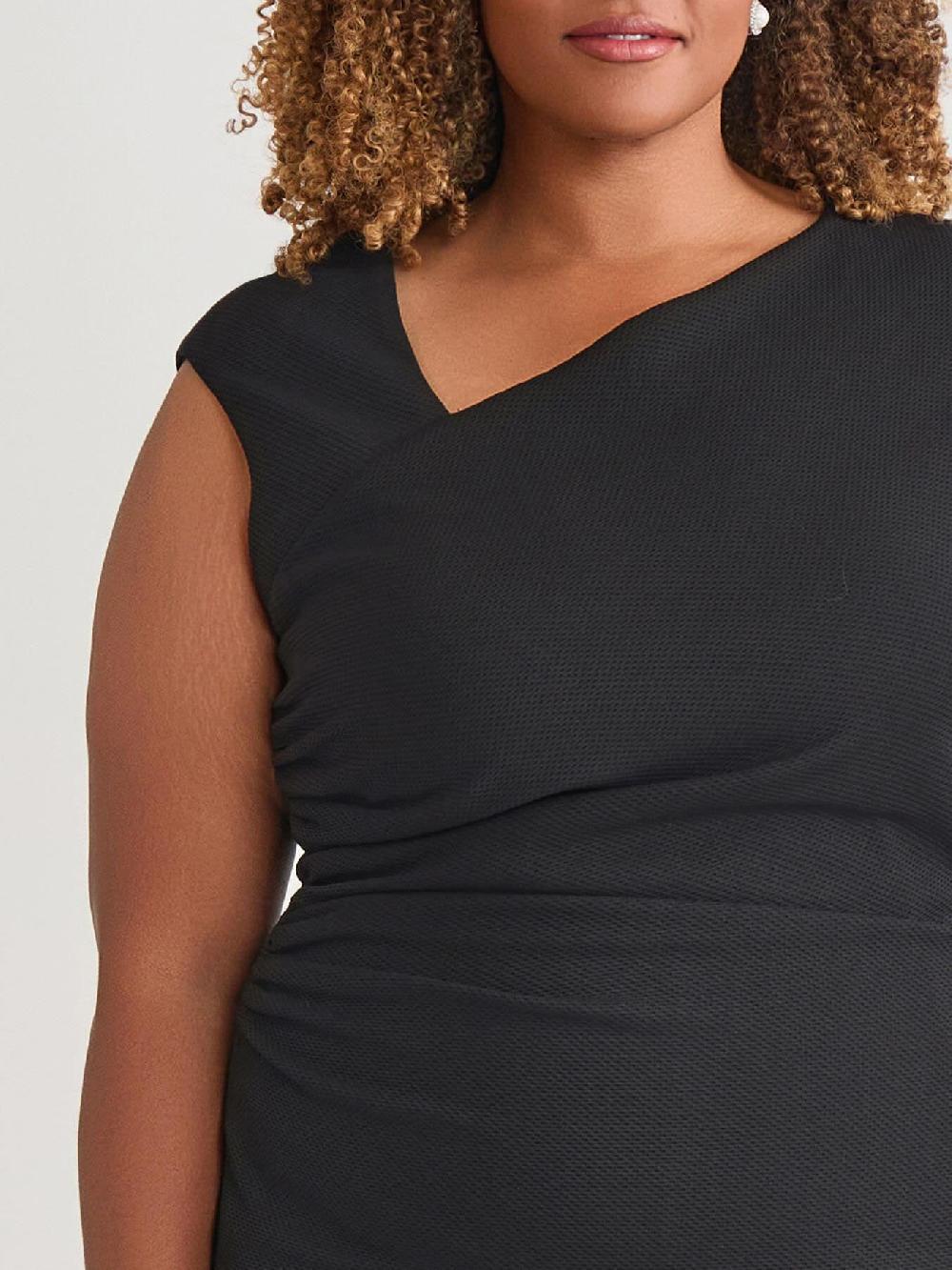 Kasper Asymmetrical Neck Ruched Midi Dress Black