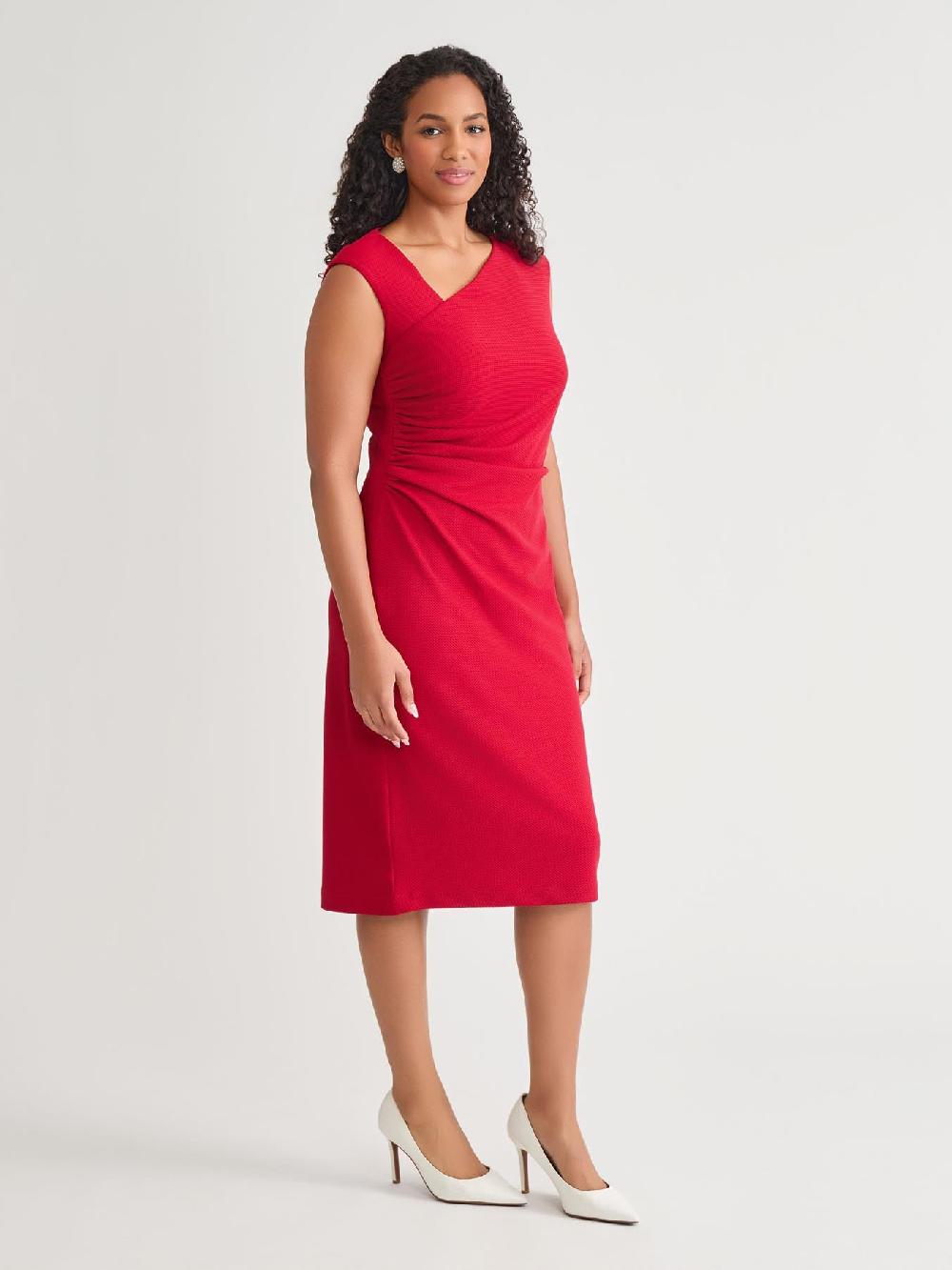 Kasper Asymmetrical Neck Ruched Midi Dress Crimson
