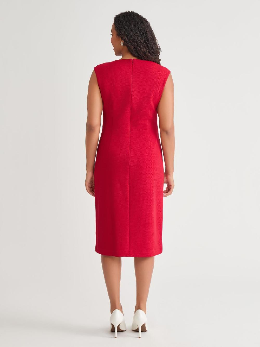 Kasper Asymmetrical Neck Ruched Midi Dress Crimson