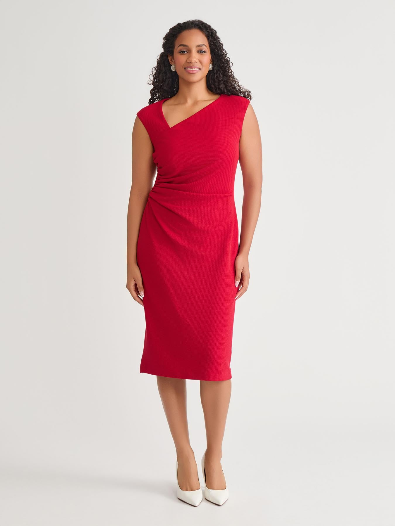 kasper Asymmetrical Neck Ruched Midi Dress Crimson