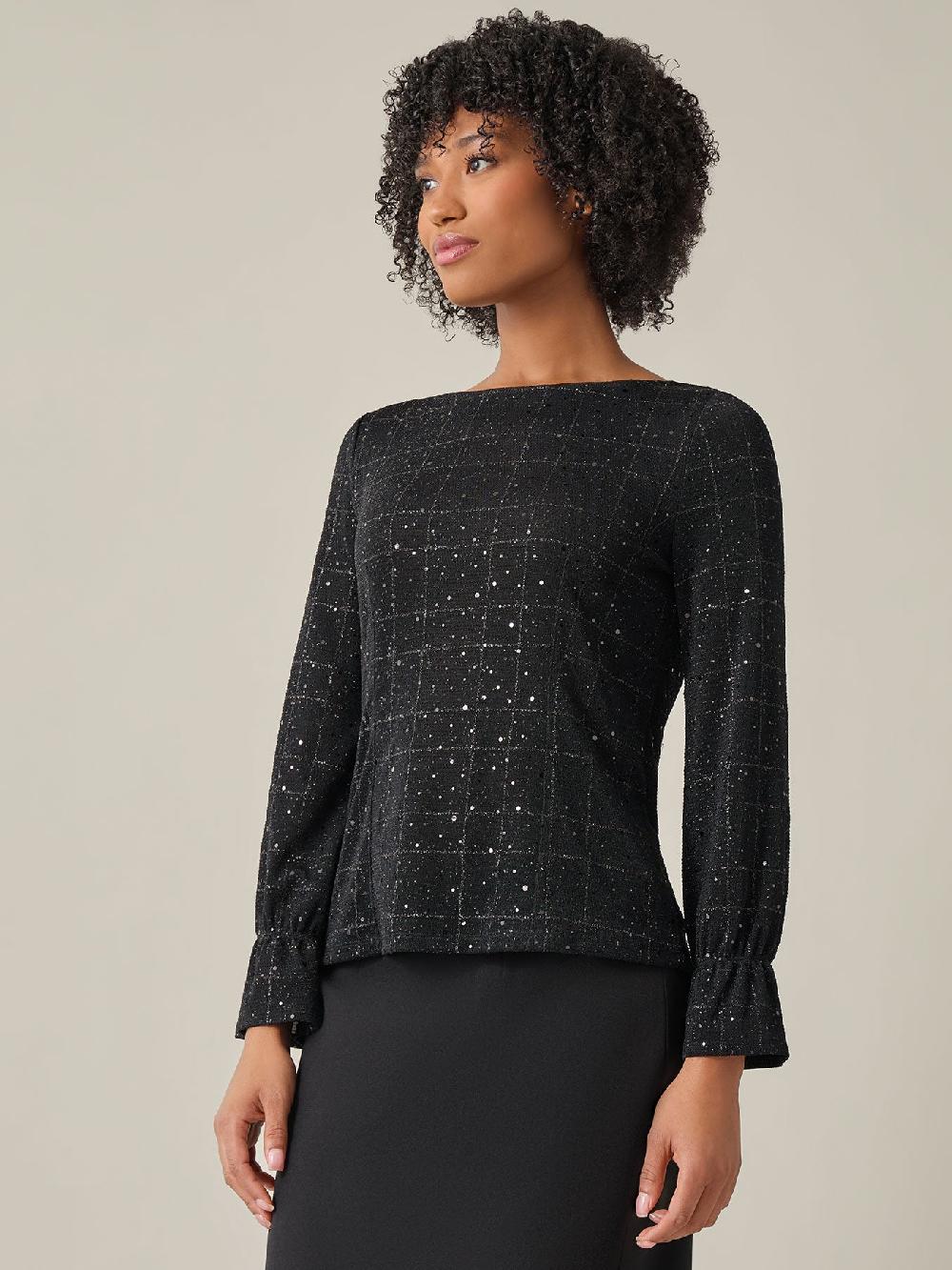 Kasper Bateau Neck Top Plaid Sparkle Detail