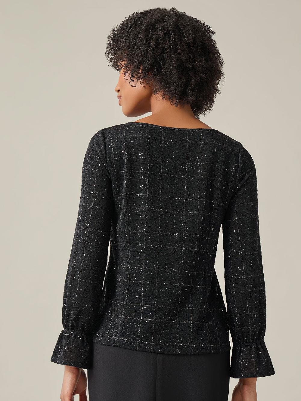 Kasper Bateau Neck Top Plaid Sparkle Detail