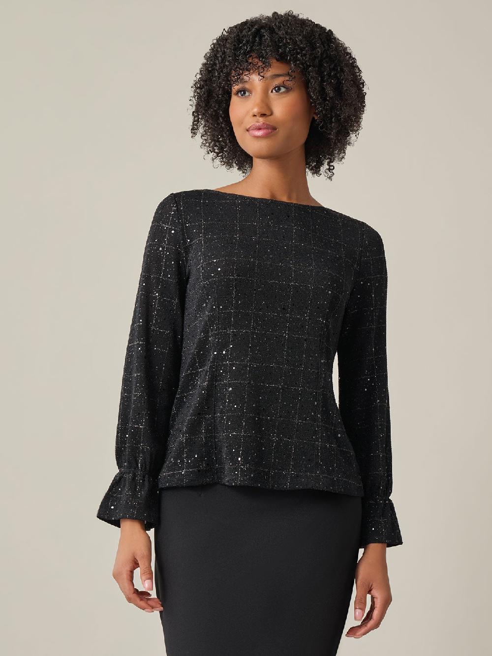 kasper Bateau Neck Top Plaid Sparkle Detail