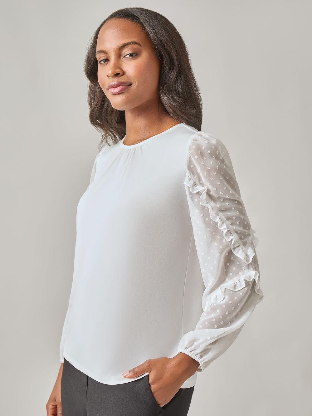 Kasper Clip Dot Sleeve Shirred Neck Blouse