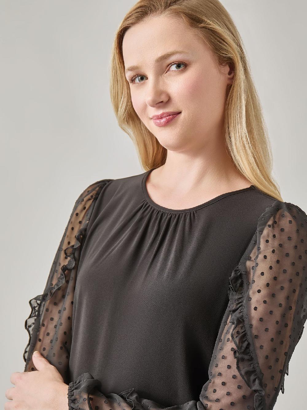 Kasper Clip Dot Sleeve Shirred Neck Blouse