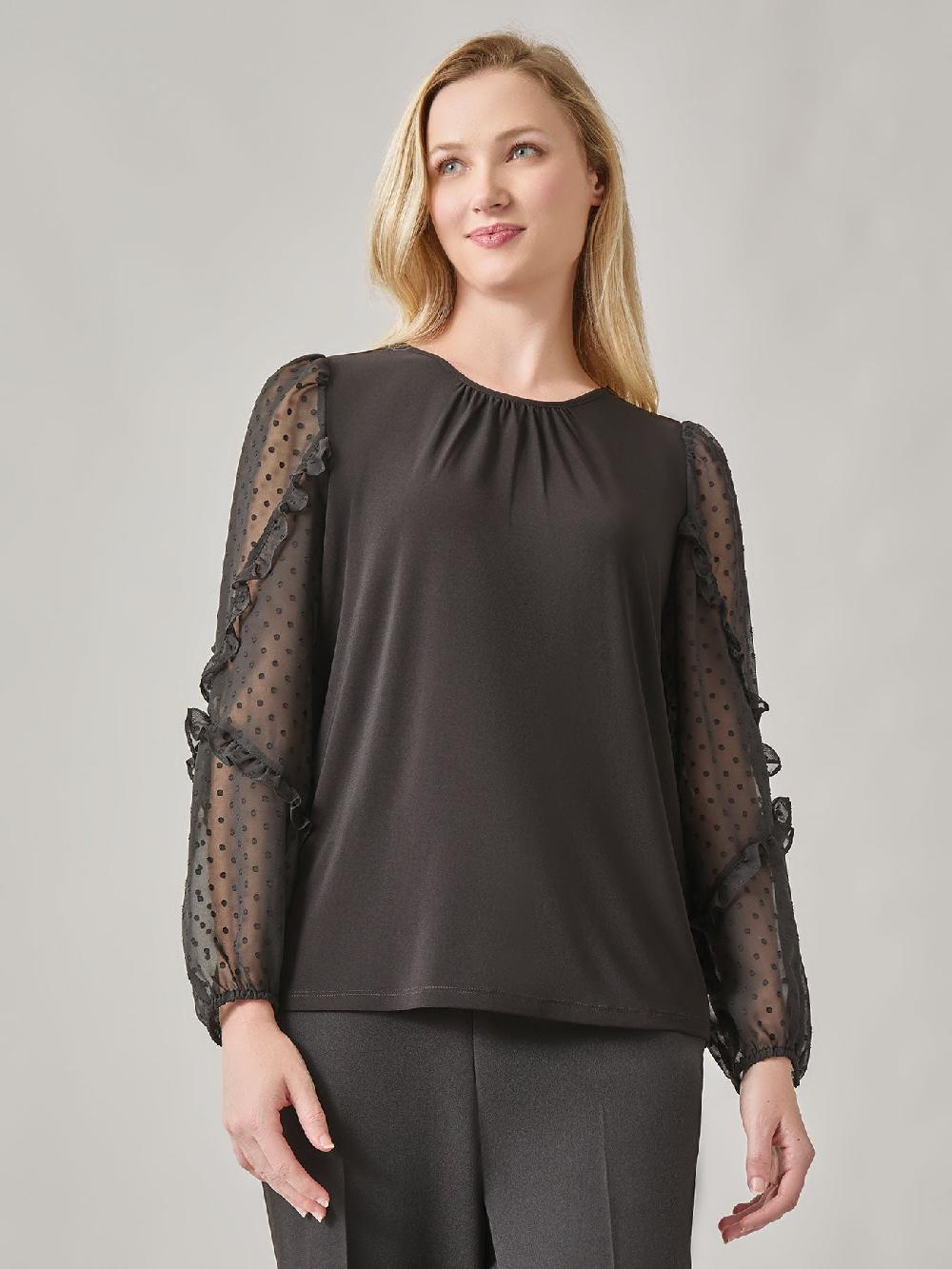 kasper Clip Dot Sleeve Shirred Neck Blouse