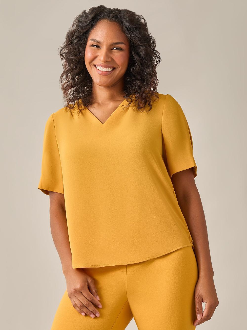 kasper Everyday V-Neck Blouse. Gold Signature