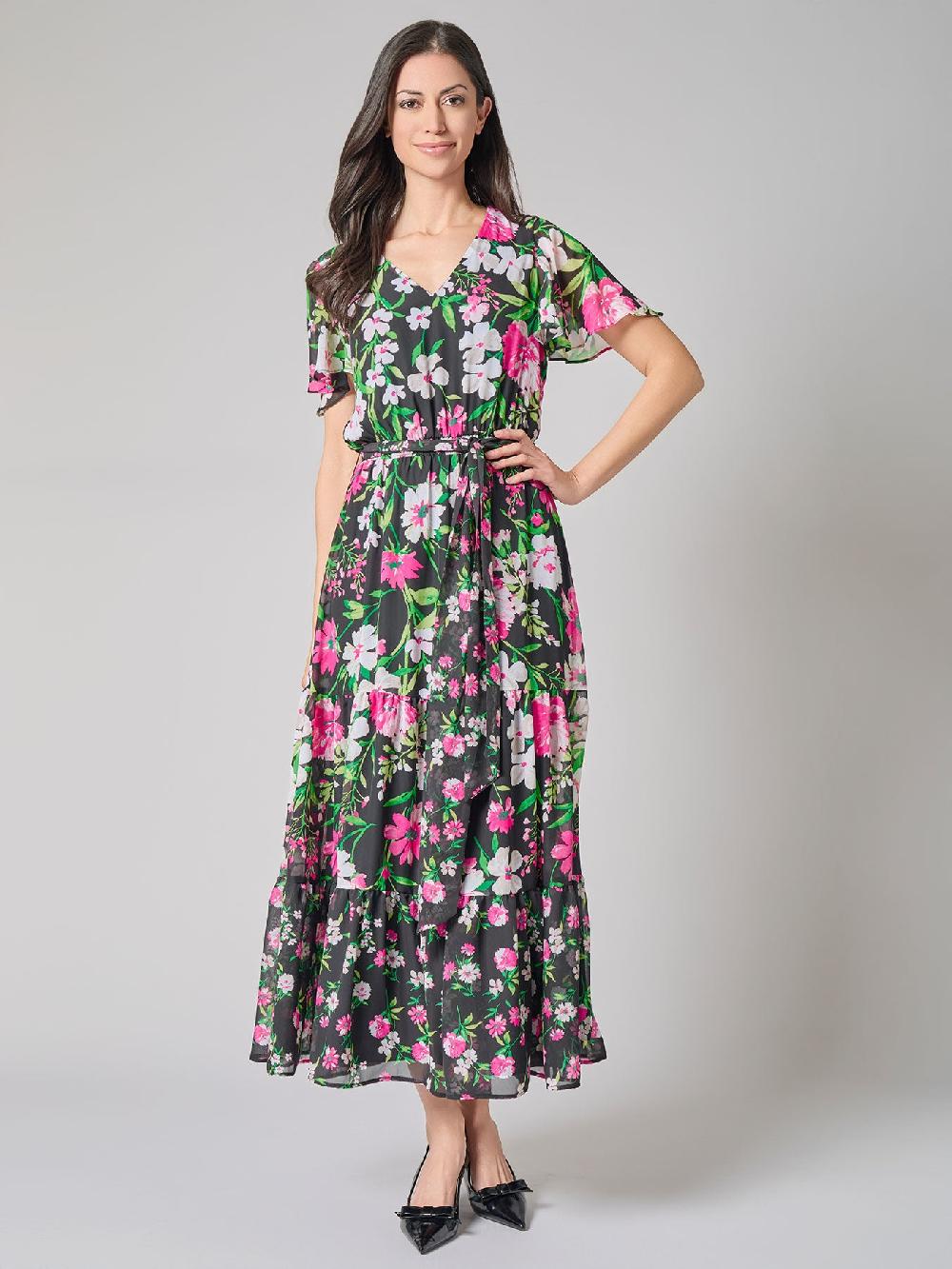 kasper Flutter Sleeve Dress Printed Chiffon